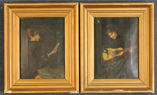 19th C. Spanish School Portraits of a woman playing a guitar and a young lady reading, 10 x 7.75in.